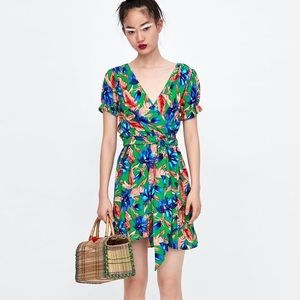 Zara green floral wrap mini dress